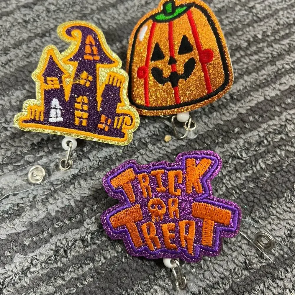 3 Pc Halloween Retractable Badge Reel Set Glitter Embroidered ID Holder Clip